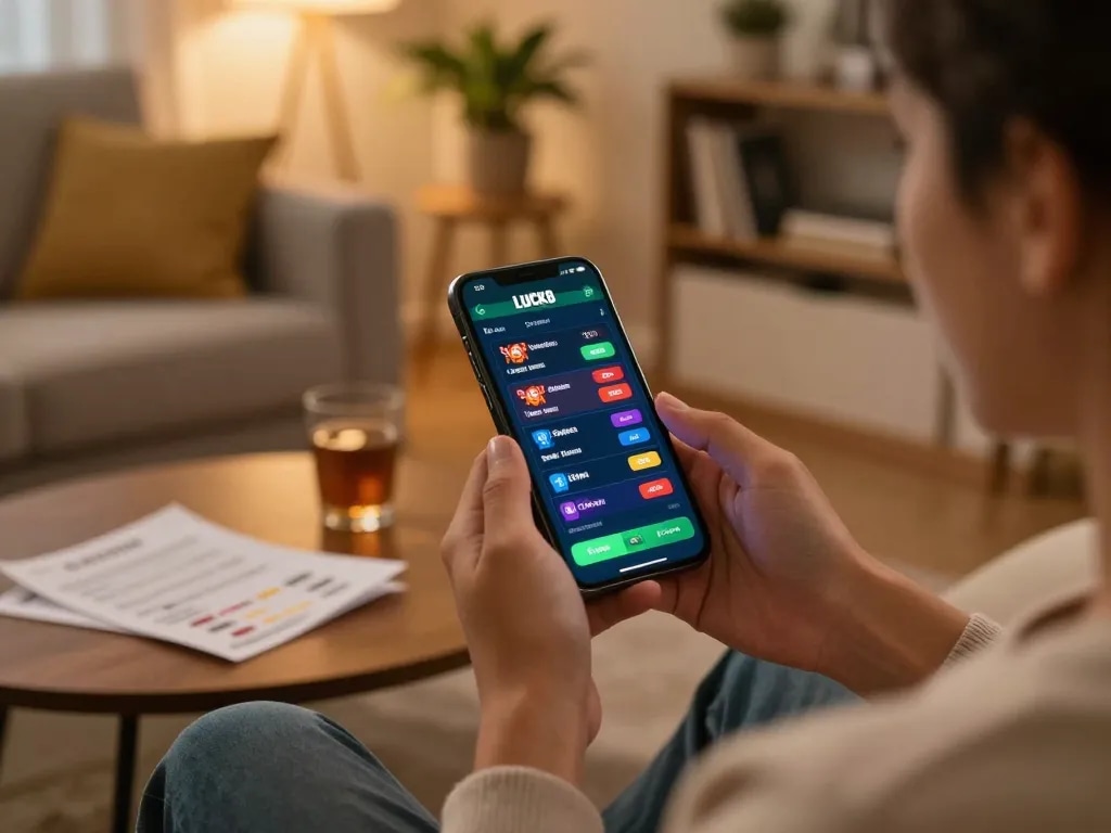 Tham gia vào ứng dụng LUCK8 để đánh bạc trực tuyến, thể hiện một khung cảnh chơi game thư giãn tại nhà.