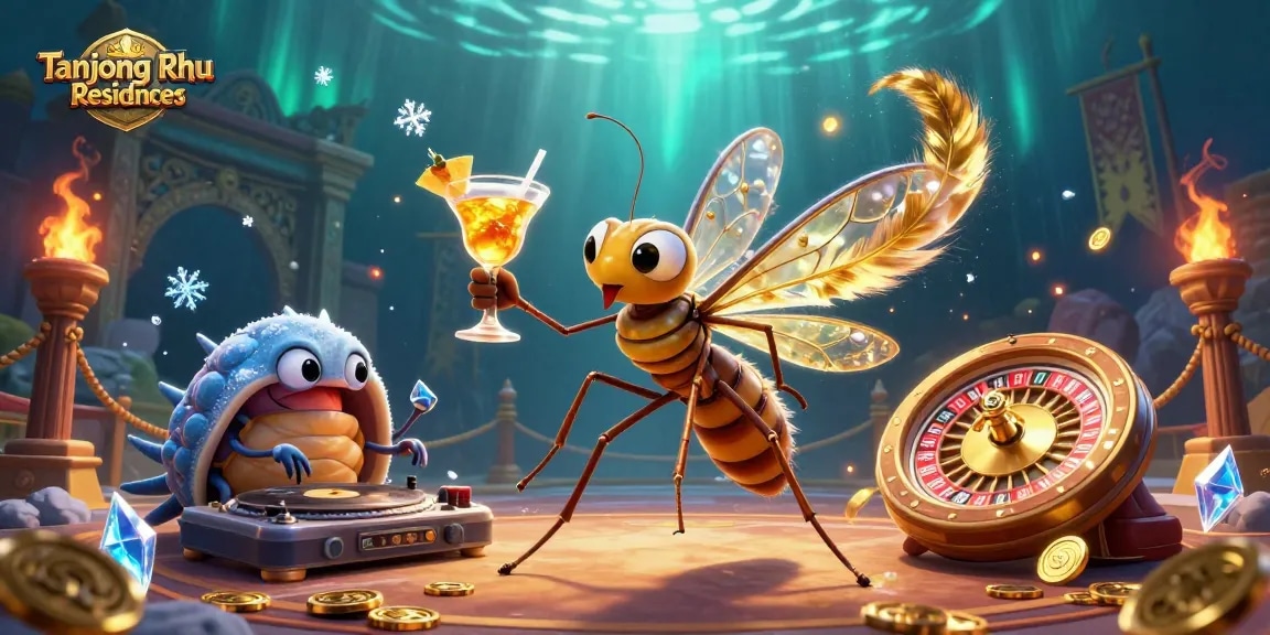 Tanjong Rhu Residences showcases a dynamic casino scene with an amber mosquito mascot and golden elements.