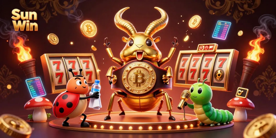 Engage with Sun Win in this vibrant casino illustration featuring a golden stag beetle champion.