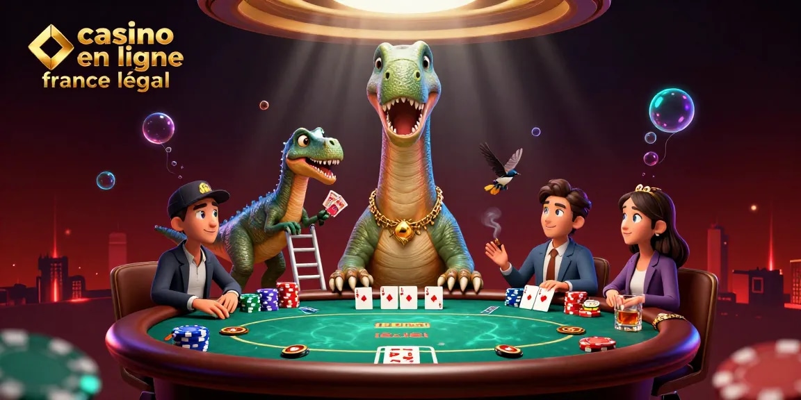 Une scène de casino en ligne France légal captivante avec un brontosaurus et un croupier raptor de cartes.
