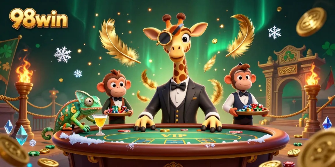 Experience thrilling gaming at 98win with a vibrant casino scene featuring unique characters.