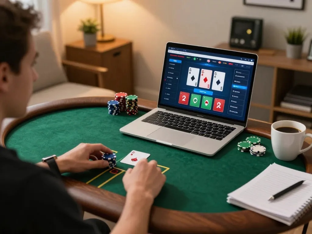 Play fly888 at an online poker game, complete with coffee and strategic notes in a cozy setting.