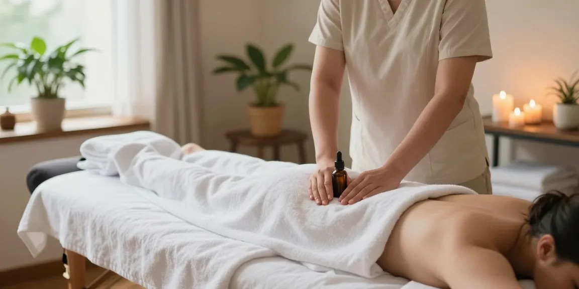 스웨디시 마사지 준비 중인 세련된 마사지 룸의 편안한 분위기