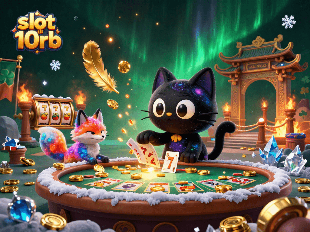 Engage with slot depo 10rb in a vibrant cosmic casino scene filled with swirling colors and dynamic gaming elements.