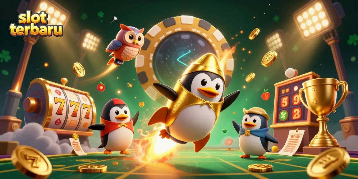 Experience thrilling slot terbaru action with our golden penguin soaring to a casino station in this vibrant 3D illustration.