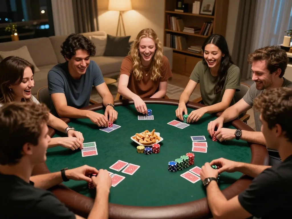 IDNSCORE players having fun during a lively home poker night, showcasing chips and strategy.