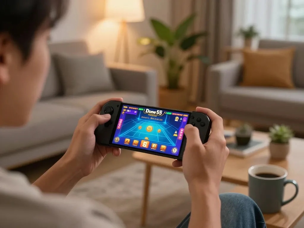 Engaged player enjoying the Done55 game on a smartphone in a cozy living room.