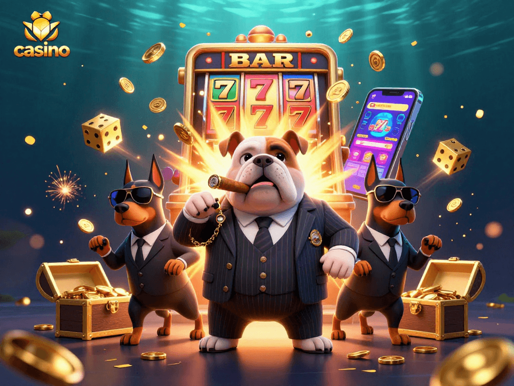 Engage in exciting casino adventures with a mafia boss bulldog in a lively slot scene.