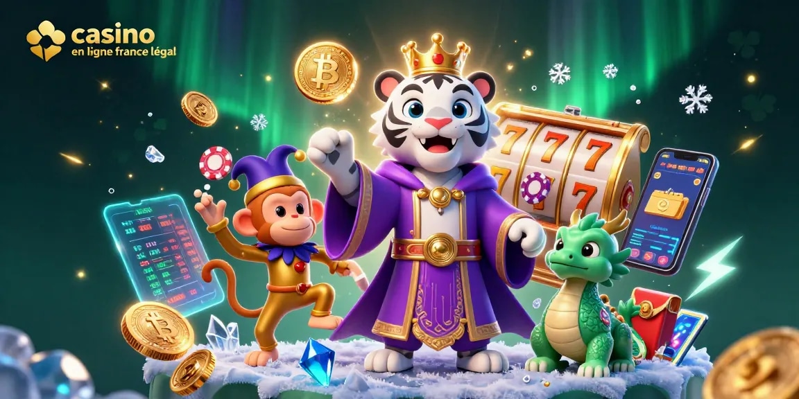 Interagissez avec le casino en ligne France légal grâce à une illustration vibrante mettant en scène des personnages ludiques, des éléments de jeu dynamiques et des cryptomonnaies néon.