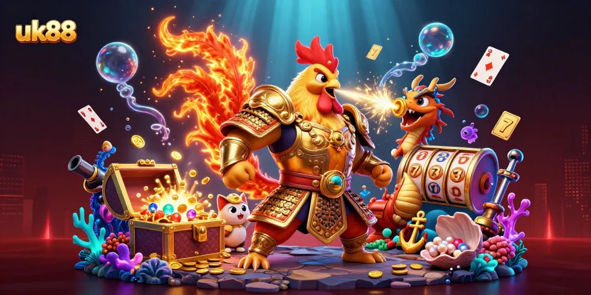 Engage in thrilling gameplay with uk88, featuring a cartoon rooster warrior, dragon hatchling, and vibrant casino elements.