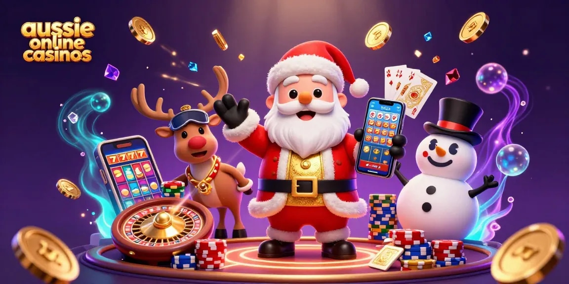 Aussie online casinos scene featuring Santa and his companions celebrating big wins with vibrant casino elements.