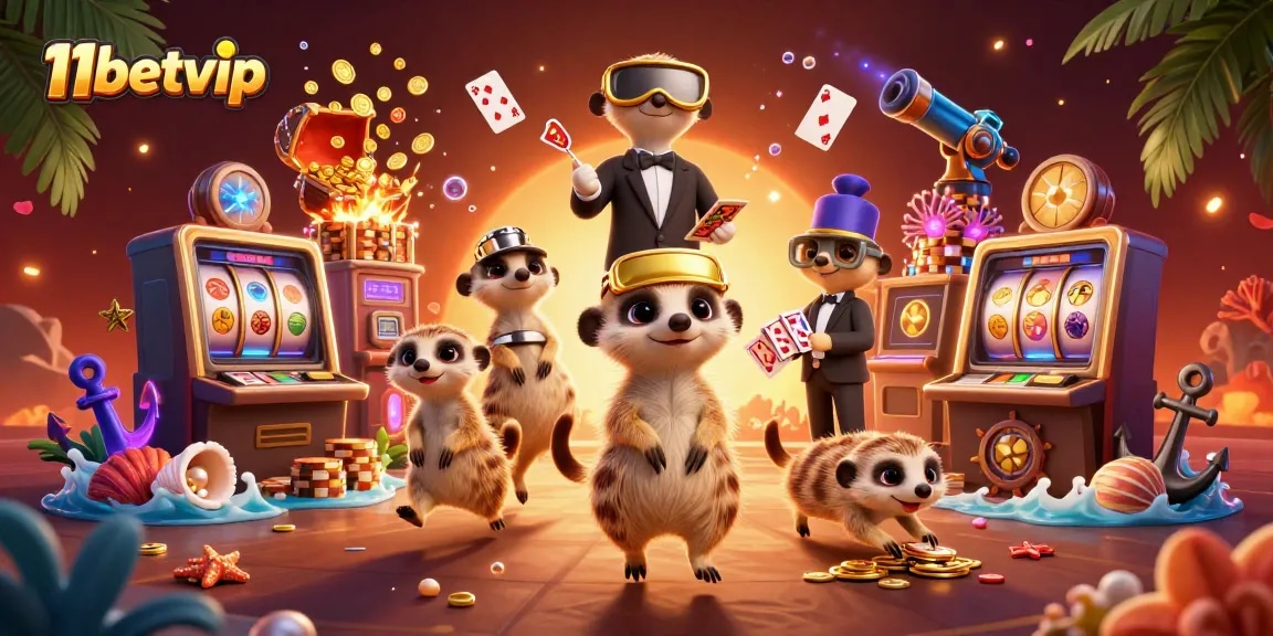 Experience 11betvip's lively casino atmosphere with meerkats managing slots and games.
