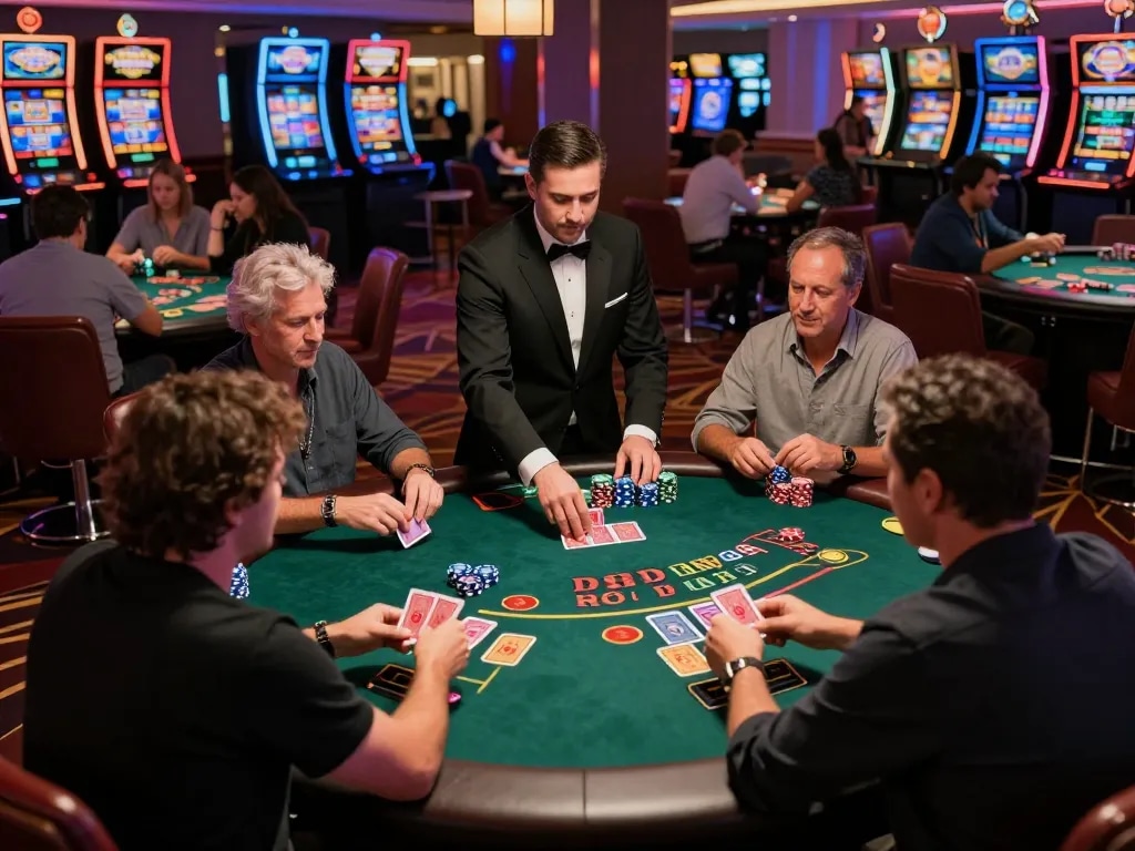 Players enjoying blackjack at 98win casino, highlighting strategic gameplay in an upscale environment.