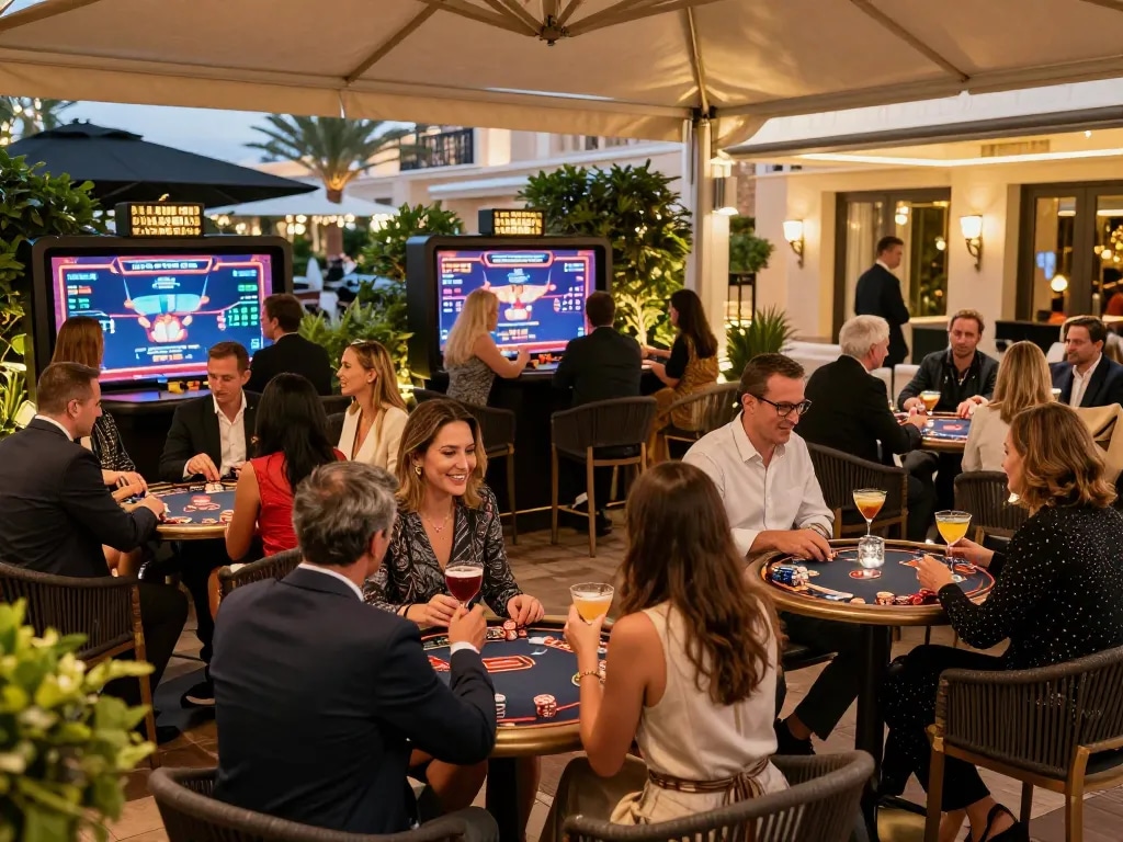 Guests enjoying games and cocktails at one of the migliori casino online europei terrace, vibrant ambiance with luxury decor.