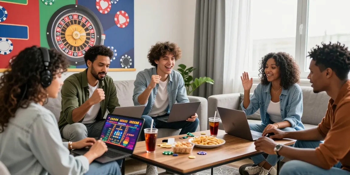 Un groupe d'amis profitant d'une session de jeu dans un casino en ligne France légal dans un salon animé.
