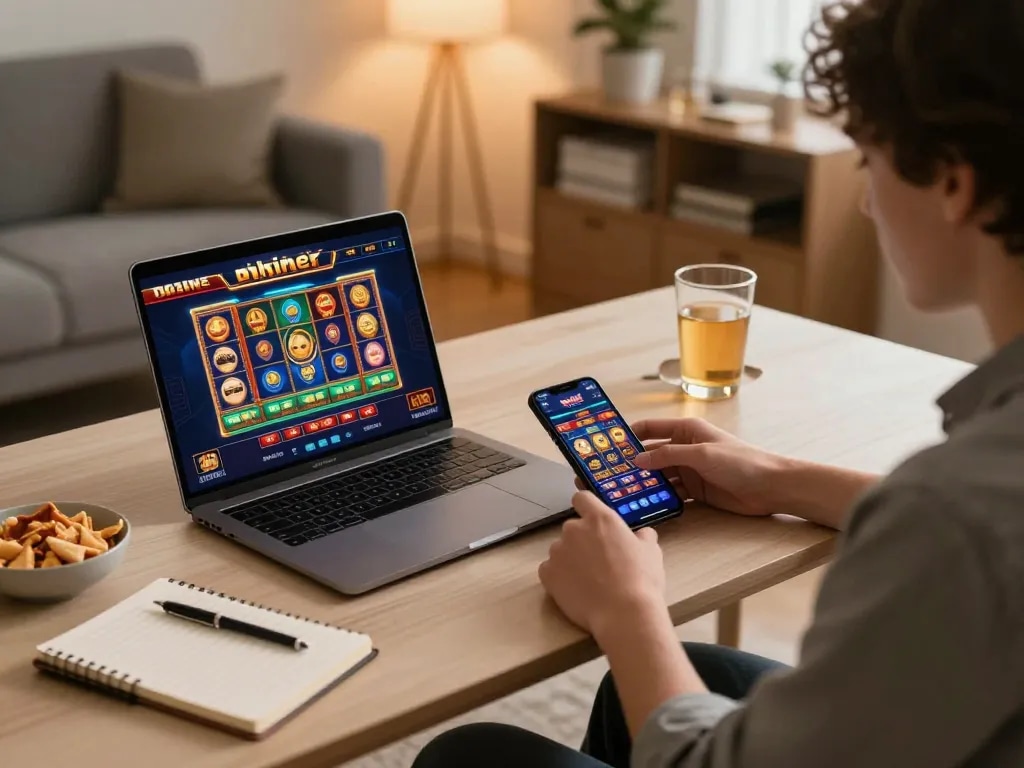 Engaging in online slot games on a laptop while practicing responsible gaming.