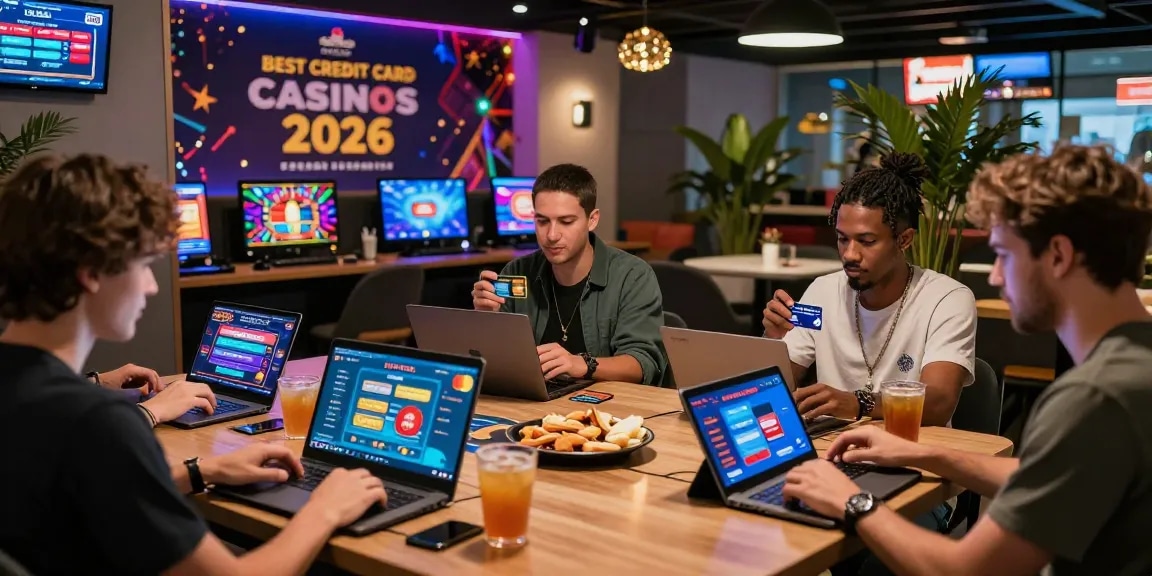Diverse players enjoying credit card casinos at https://bhma.org.uk/ in a stylish gaming lounge with vibrant graphics and festive atmosphere.