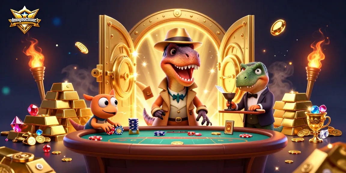 Engage in a thrilling game at duongmatchuoc2 while a velociraptor card counter and other characters navigate the blackjack table.
