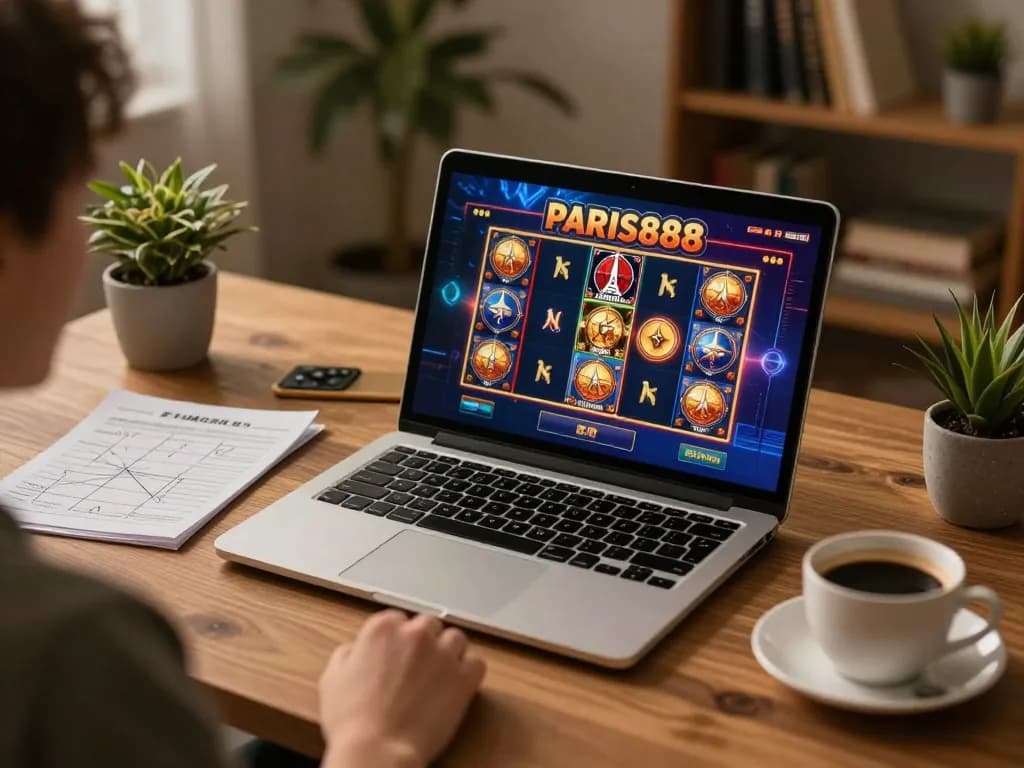 Engaging in a Paris888 online slot game while managing strategy notes and enjoying home comforts.