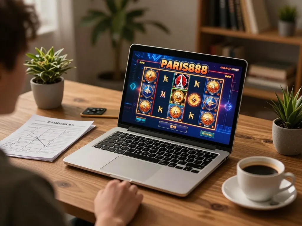 Engaging in a Paris888 online slot game while managing strategy notes and enjoying home comforts.
