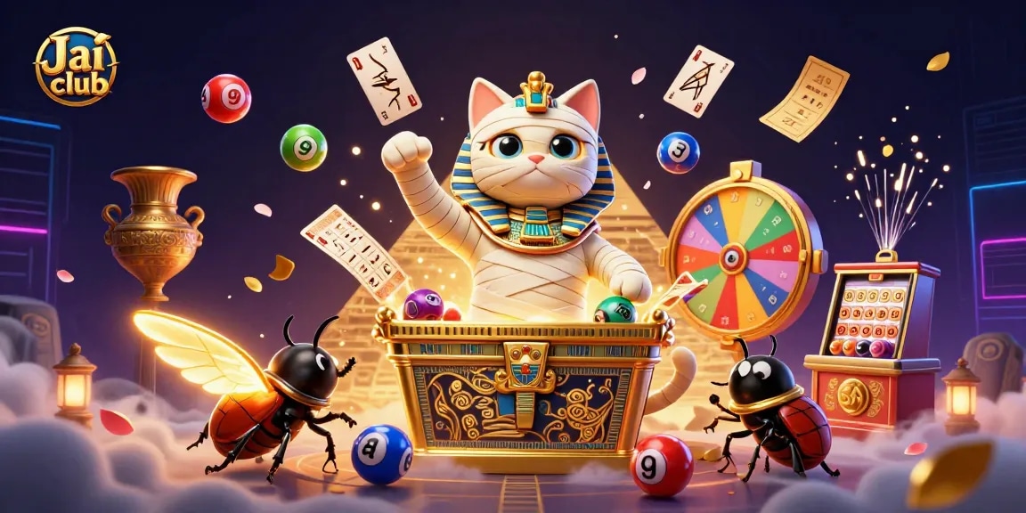 Engage with Jai club's vibrant lottery scene featuring an Egyptian mummy cat and golden elements.