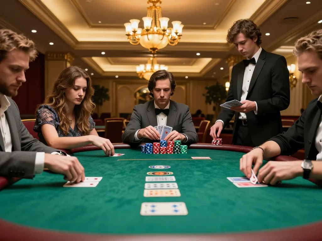 Players strategizing in a high-stakes poker game at LGOLUX casino, showcasing tension and excitement.
