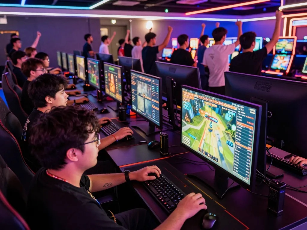 Players engaged in online betting with Chatgpt caricature displays shown on screens, dynamic casino atmosphere.