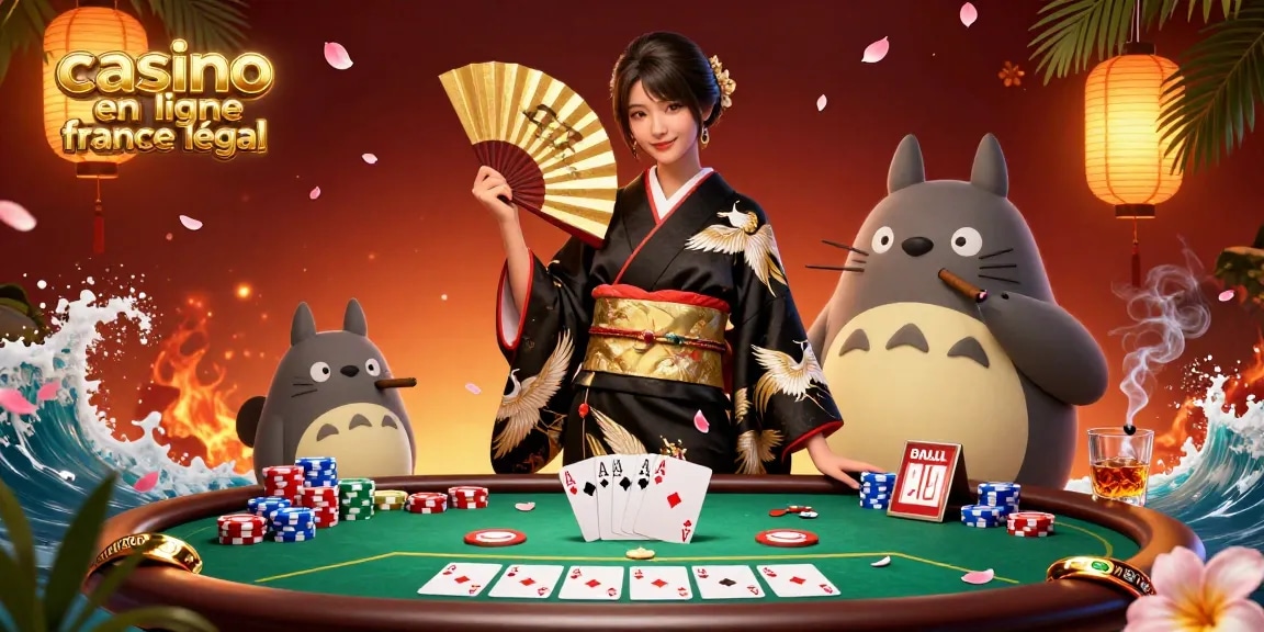Participez à des jeux de premier plan au casino en ligne France légal, mettant en avant une scène de poker vibrante avec des éléments culturels.