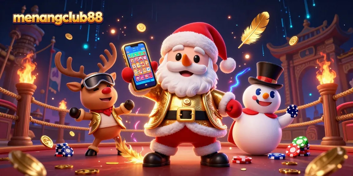 Experience vibrant gaming with menangclub88 featuring Santa and friends in a festive casino scene.