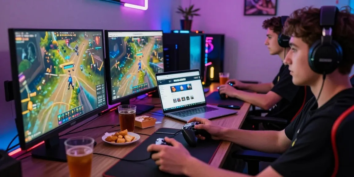 Pemain game menikmati pengalaman permainan online di NAGA2000 dengan peralatan gaming modern.