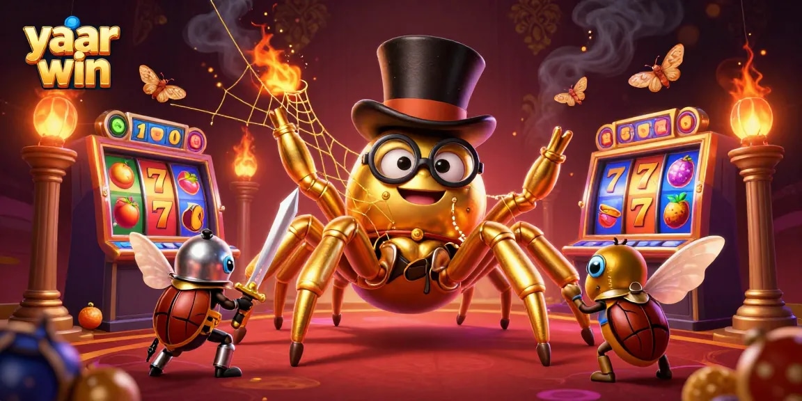 Play exciting games with yaar win featuring a golden tarantula and knight in a vibrant casino