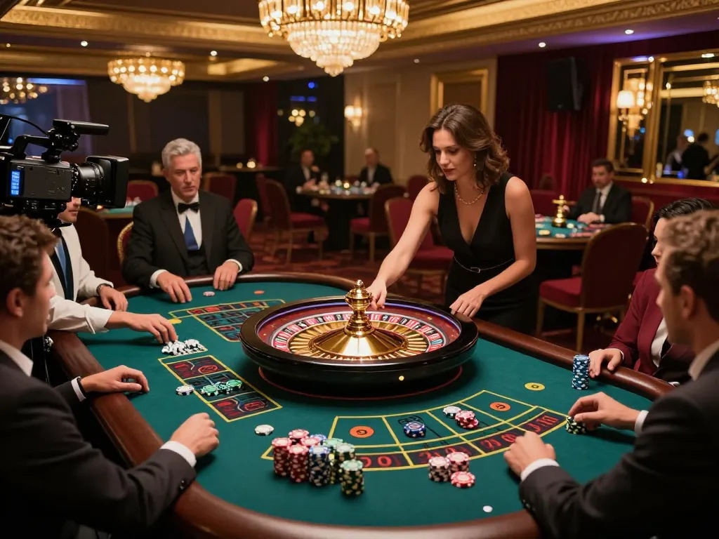 Players placing strategic bets at a roulette table in a luxurious casino showcasing n188 excitement in the air.
