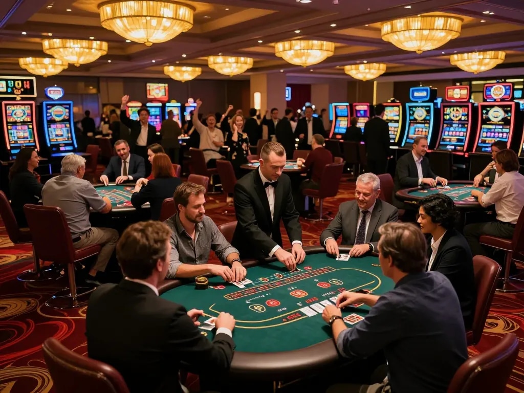 Players engaging at O8.hair blackjack tables, showcasing excitement and strategy in a vibrant casino.