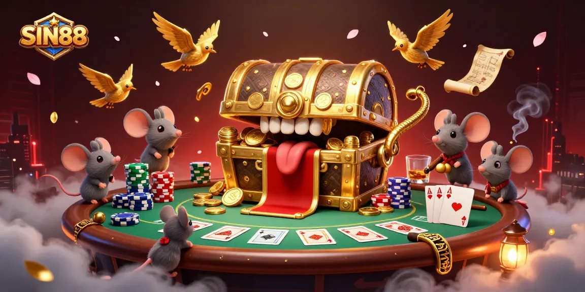SIN88 brings thrilling adventure with a treasure chest, poker elements, and vibrant casino atmosphere.