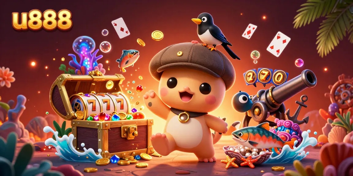 u888 players explore thrilling slots with a playful cartoon Nessie in a vibrant casino underwater scene.