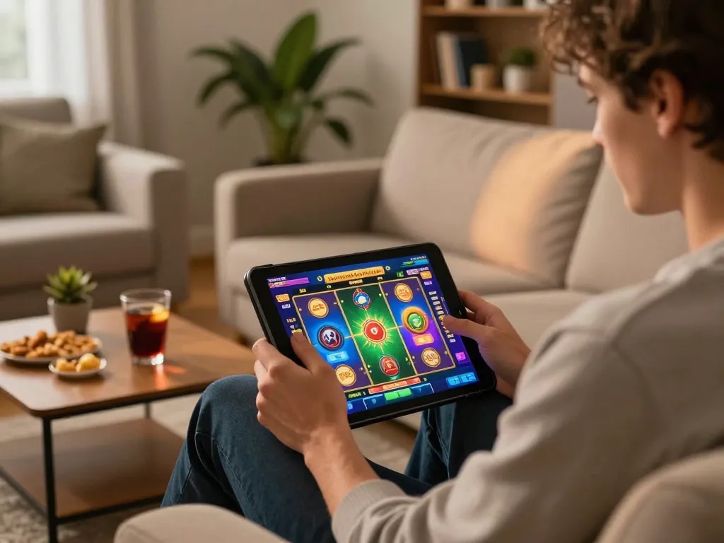 UGDEWA user engaging with online slot games on tablet in cozy home setting