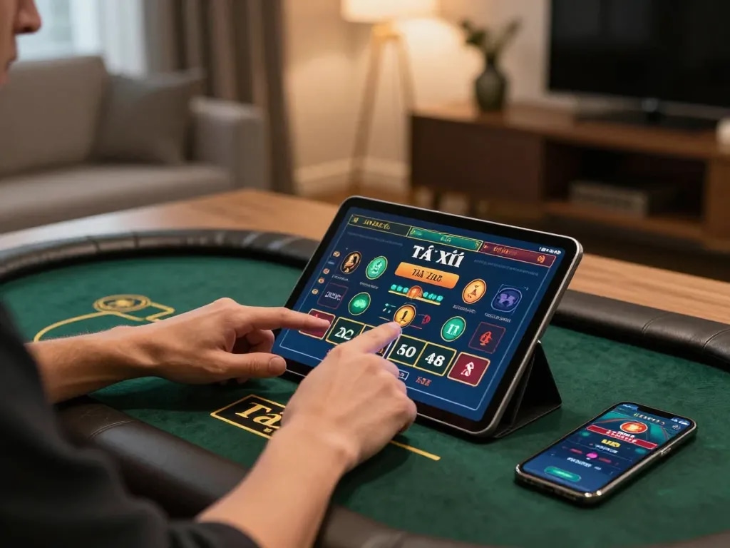 Tài xỉu online uy tín gameplay on tablet showing betting options, inviting atmosphere.