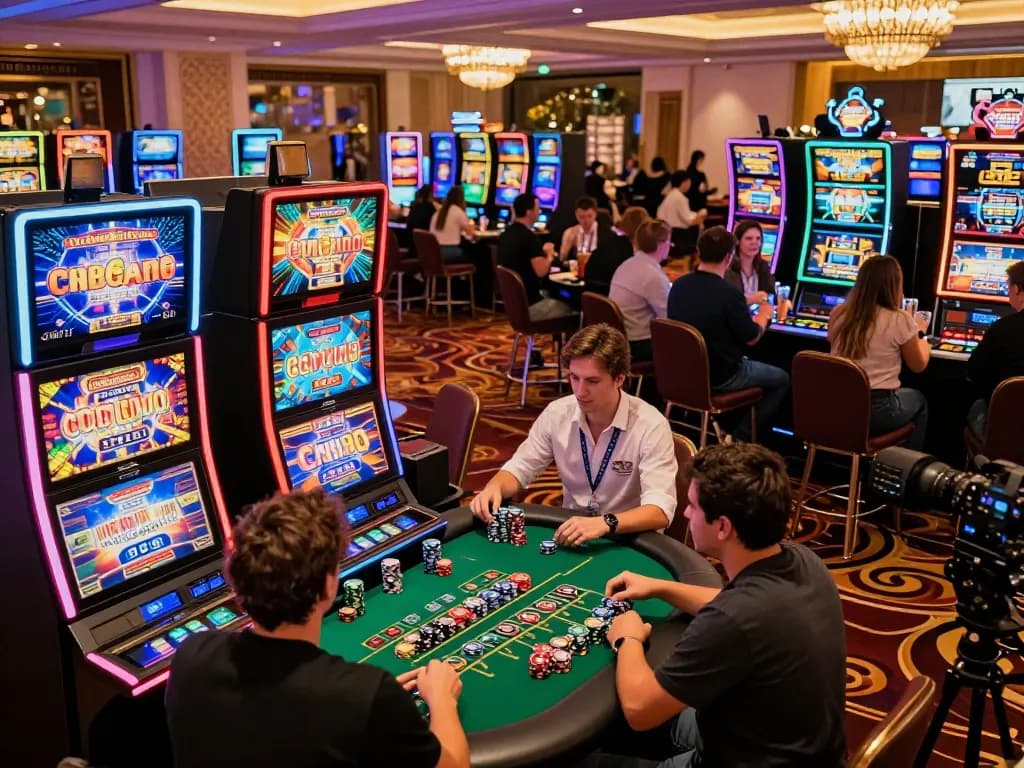 Engaged players enjoying slots at the cm88 casino, vibrant atmosphere with colorful chips and machines.