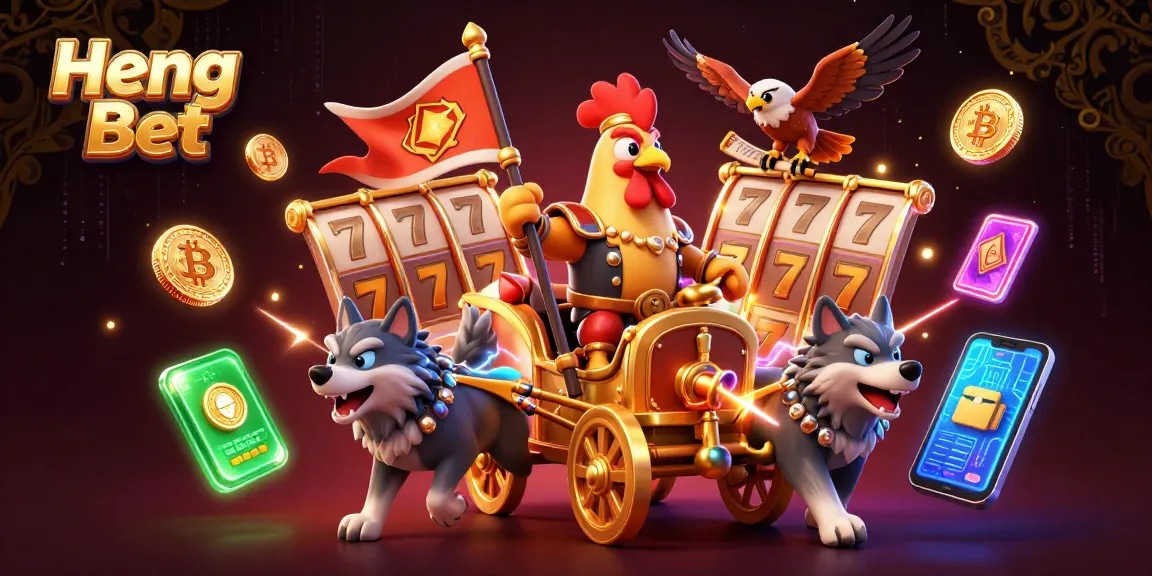Engage with Heng Ong Bet by spinning slot reels while a dynamic scene unfolds with a rooster warlord and mystical elements.