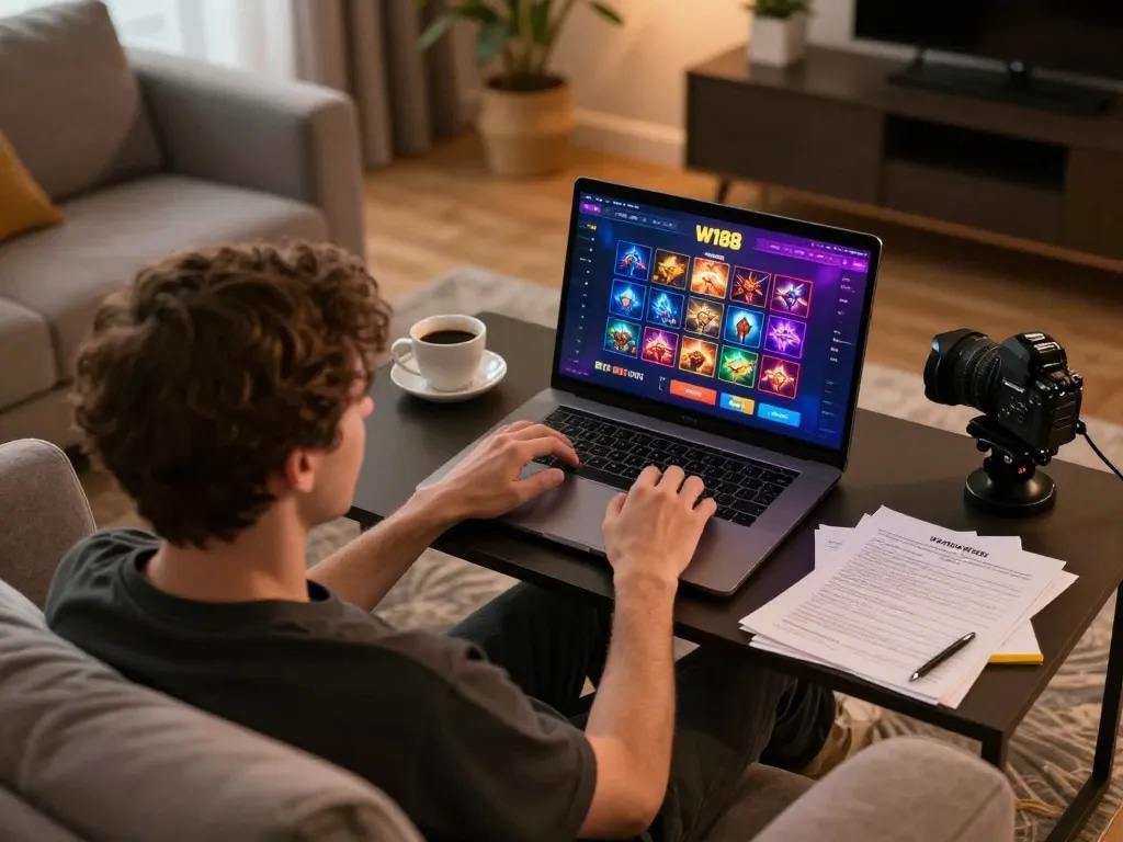 Player engaging with W188 online casino on a laptop while managing bankroll notes.