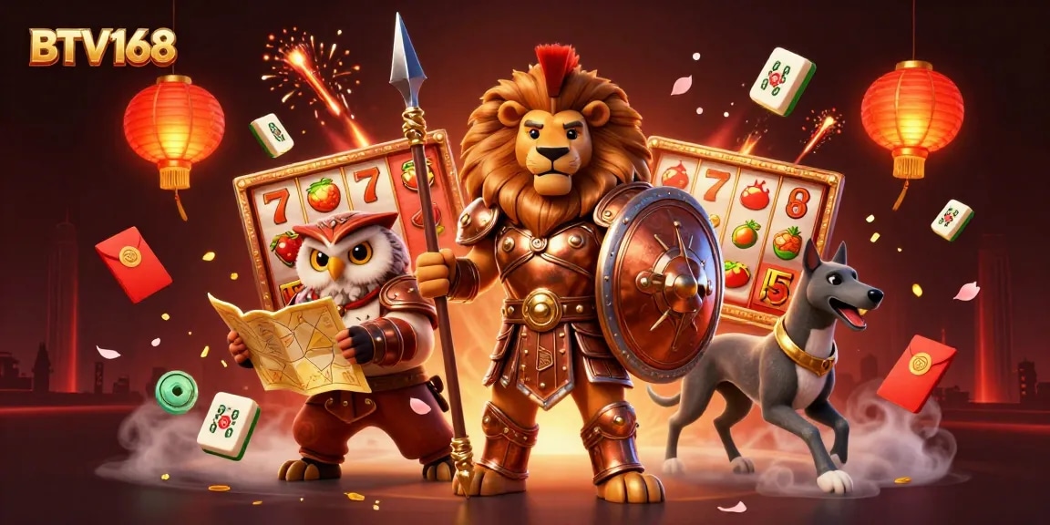 Experience the thrill of BTV168 with our dynamic 3D casino scene featuring a lion hero and lucky symbols.