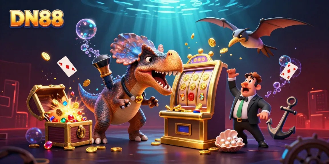 DN88's pachycephalosaurus wins the jackpot in a vibrant casino scene filled with gold coins and excitement.