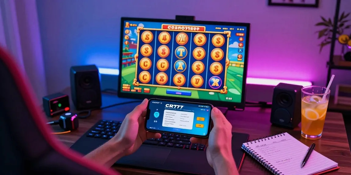 Pengguna bermain game slot di aplikasi CR777 dengan antusias di ruangan nyaman.