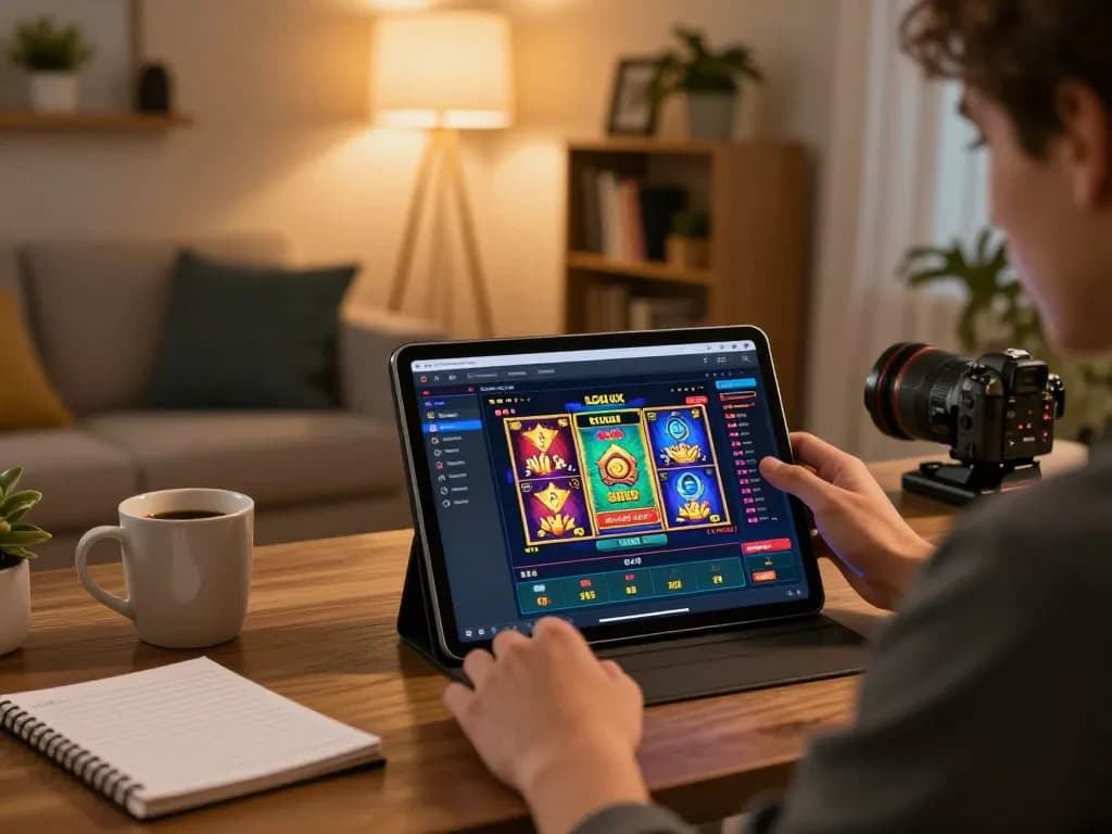 Person engaging with LGOLUX slot games on a sleek tablet in a cozy home setting.