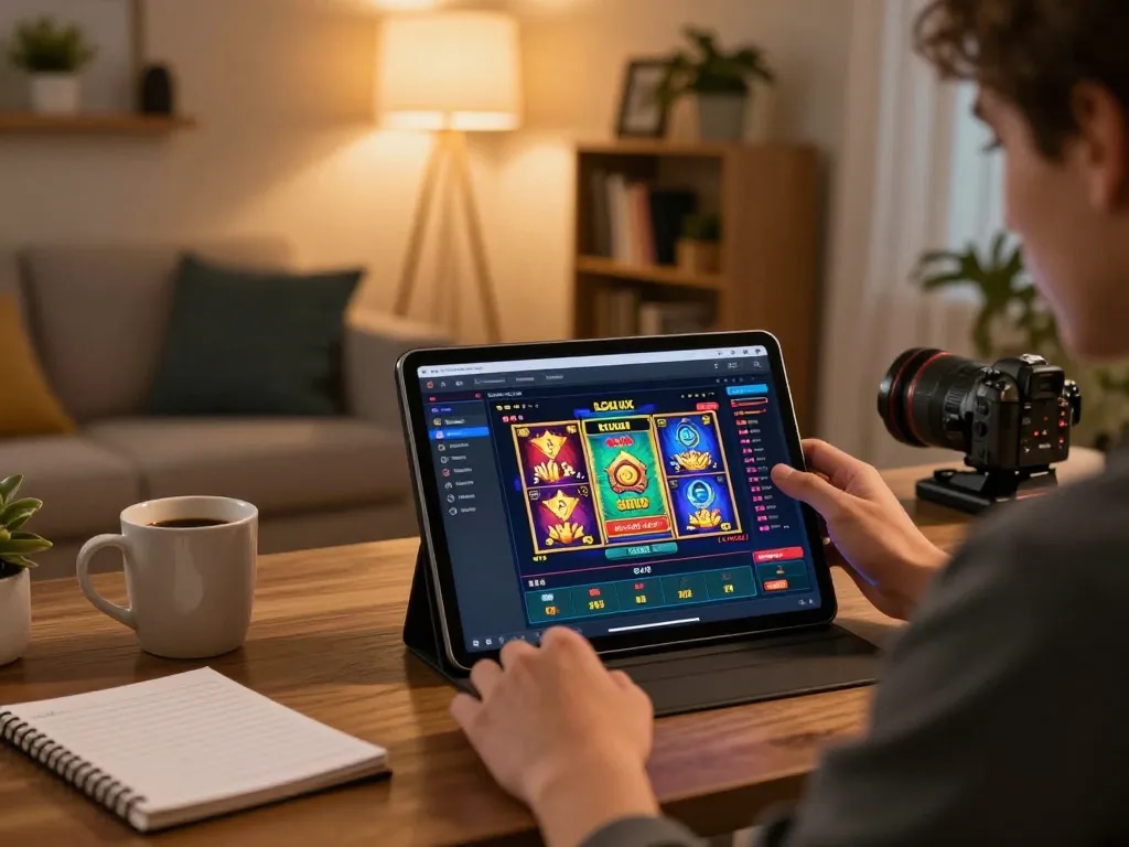 Person engaging with LGOLUX slot games on a sleek tablet in a cozy home setting.