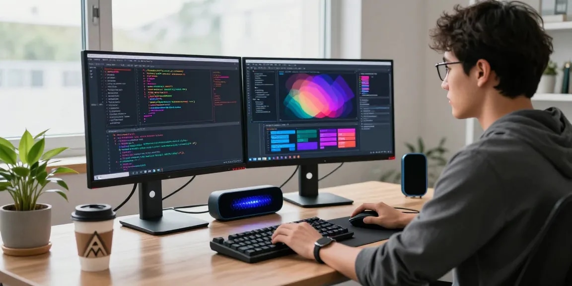 Developer coding in a modern office, using 纸飞机中文版 for enhanced workflow and communication