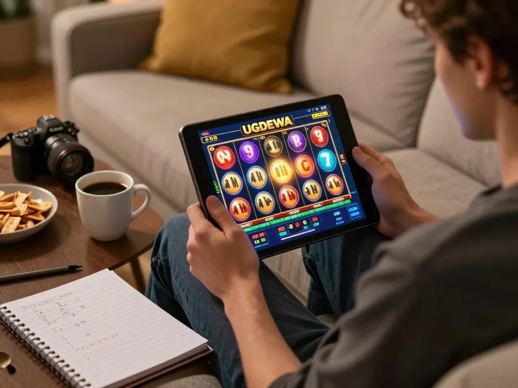 Engaging in UGDEWA slot games on a tablet, creating a lively home gaming atmosphere
