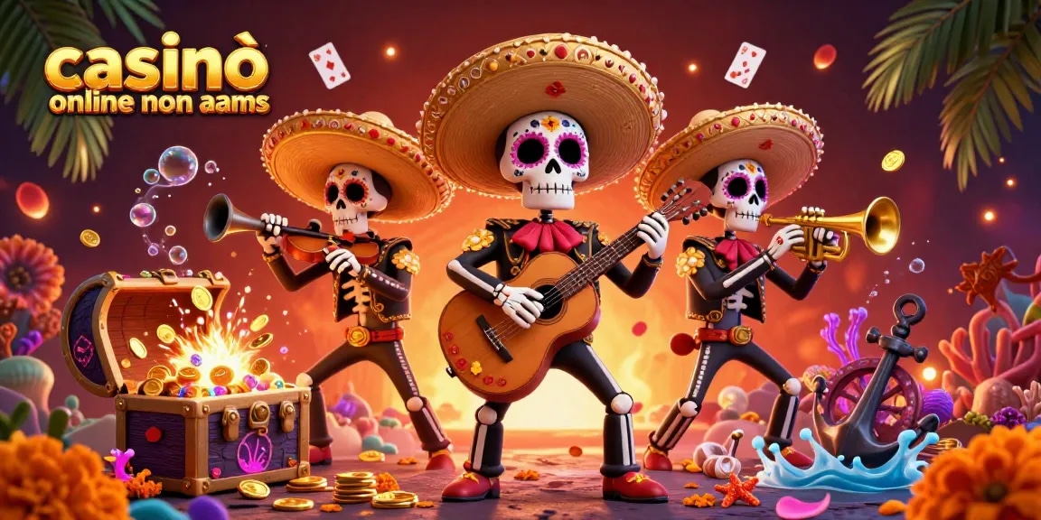 Scopri l'energia vibrante dei casinò online non AAMS con una vivace band mariachi in mezzo a un'esplosione di tesori.