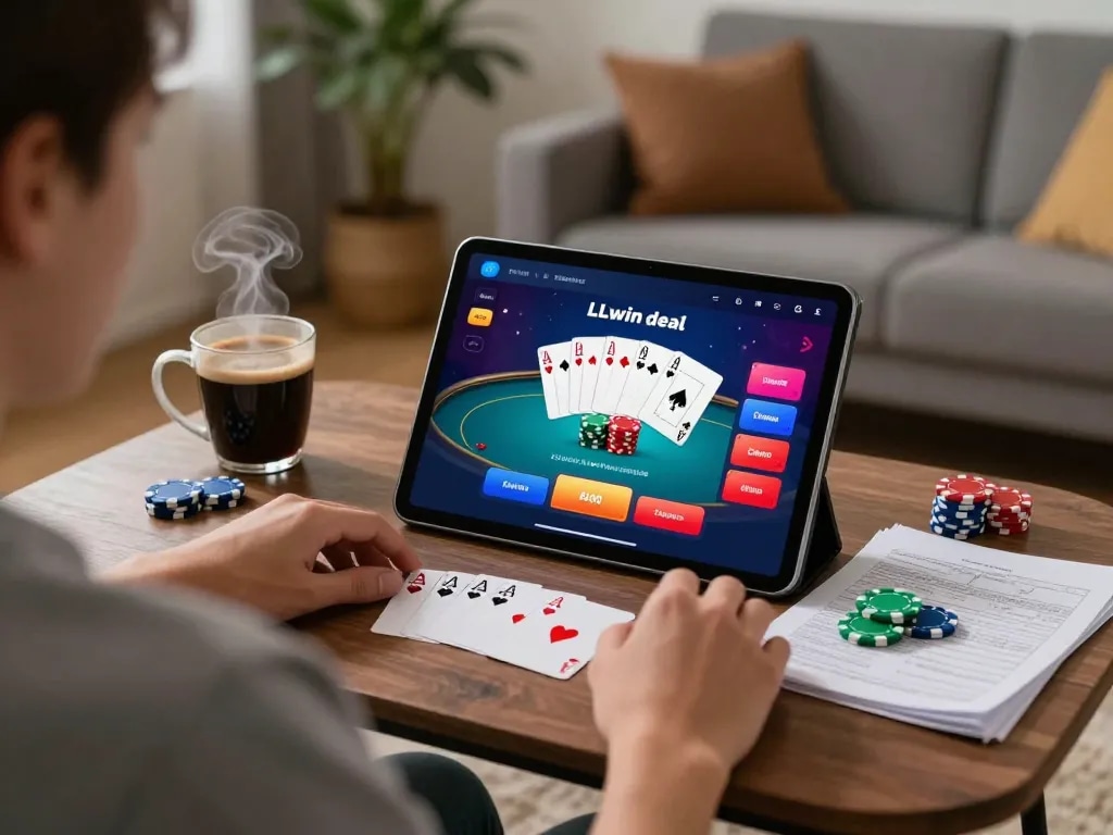 Experience the excitement of LLwin deal with an engaging online poker session on a tablet in a cozy living room.