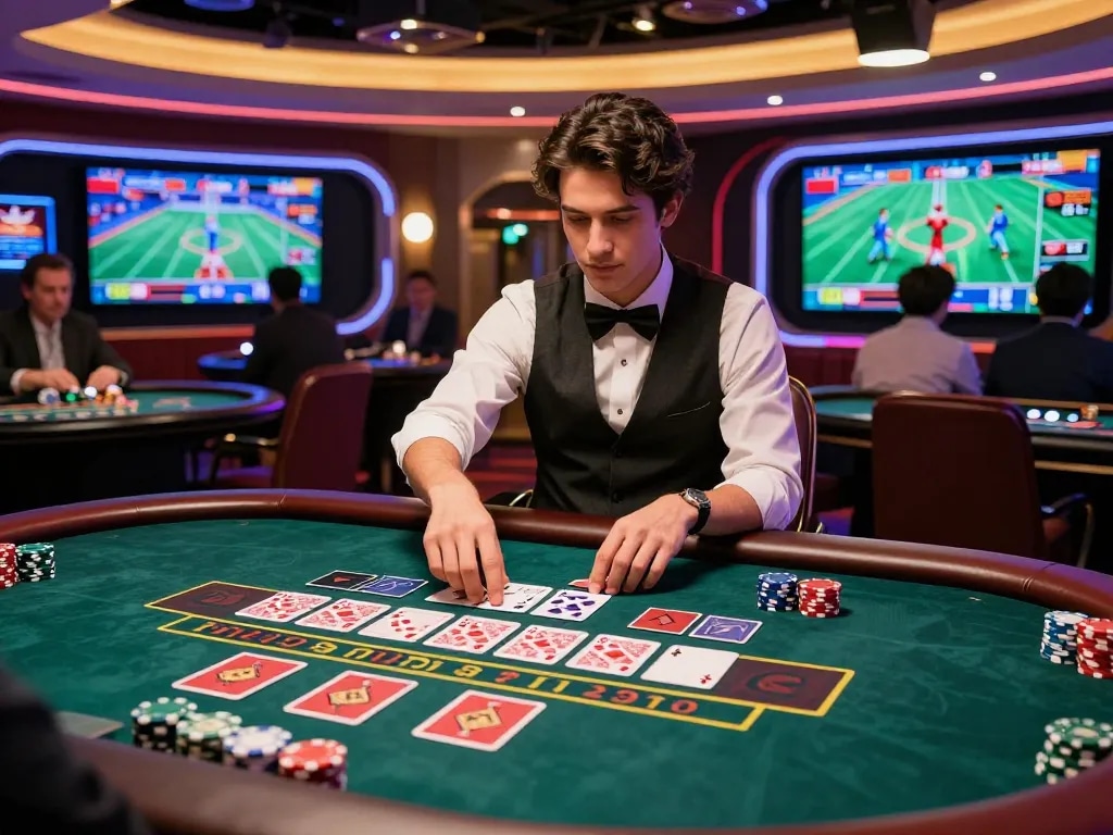 Engaging baccarat table scene depicting online casino excitement with vibrant lights, showcasing a player actively betting at a virtual table.